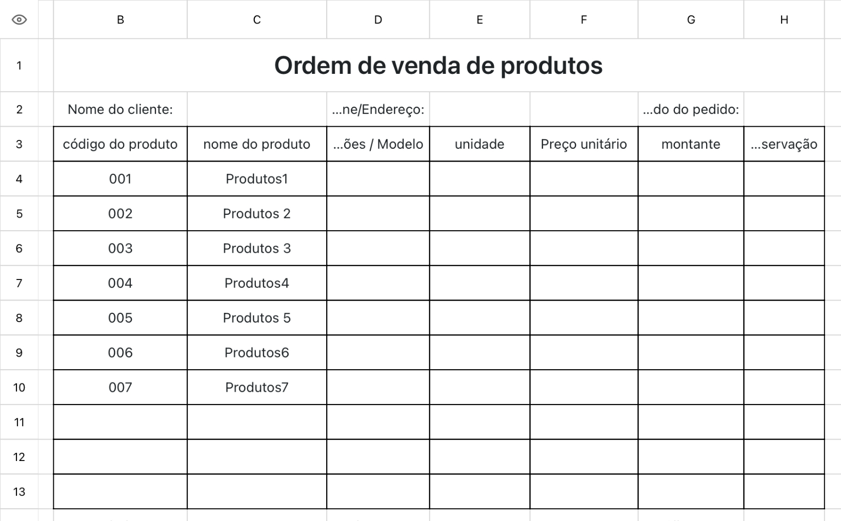 Ordem de venda de produtos